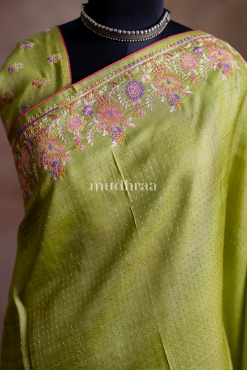 APPLE GREEN EMBROIDERED TUSSAR SAREE