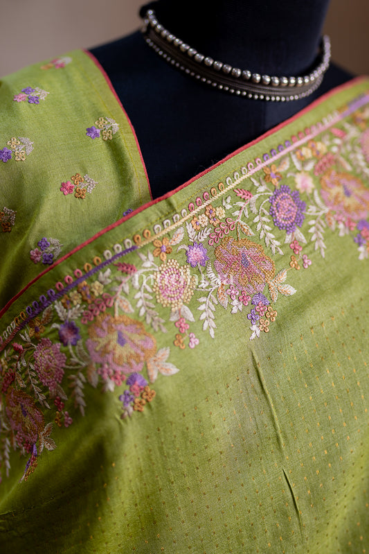 APPLE GREEN EMBROIDERED TUSSAR SAREE