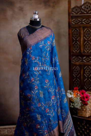 INK BLUE PRINTED TUSSAR SAREE