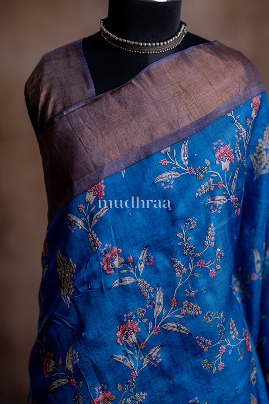 INK BLUE PRINTED TUSSAR SAREE