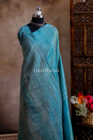 CYAN BLUE WOVEN TUSSAR SAREE