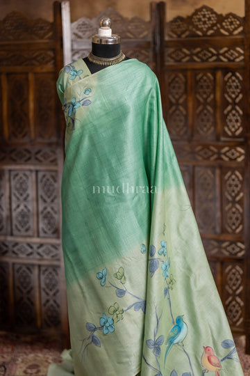 PEARL GREEN HAND-PAINTED TUSSAR SAREE