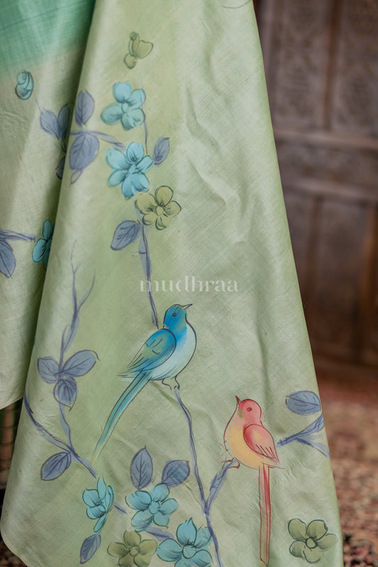 PEARL GREEN HAND-PAINTED TUSSAR SAREE