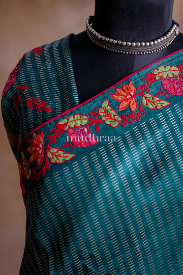 DEEP PINE HAND-APPLIQUE TUSSAR SAREE