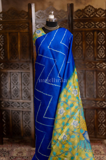 INK BLUE SHIBORI-KALAMKARI TUSSAR SAREE