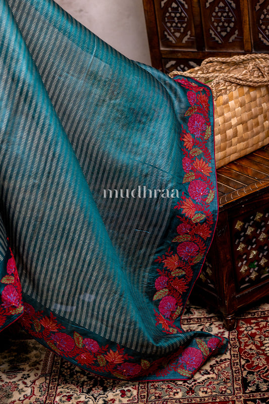 DEEP PINE HAND-APPLIQUE TUSSAR SAREE