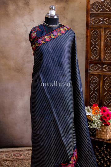 COAL HAND-APPLIQUE TUSSAR SAREE