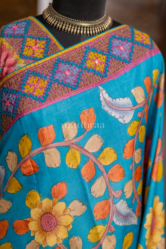 BLUE & WINE KALAMKARI KUTCH TUSSAR SAREE
