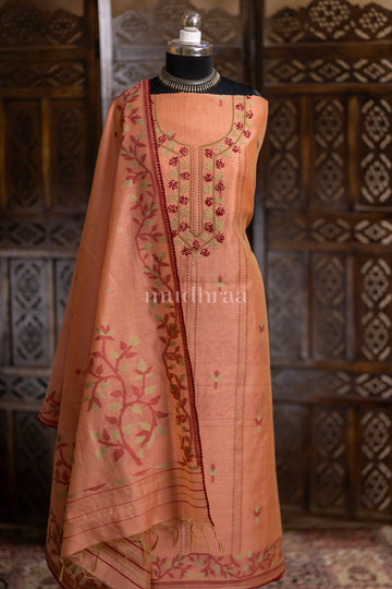 PEACHISH PINK FRENCH KNOT CHANDERI SUIT SET