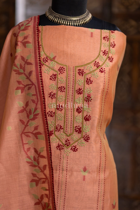 PEACHISH PINK FRENCH KNOT CHANDERI SUIT SET