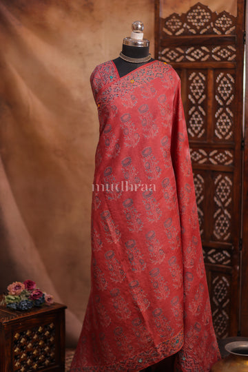 TERRACOTTA RED FLORAL EMBROIDERED AJRAKH TUSSAR SAREE