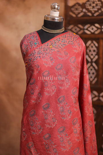 TERRACOTTA RED FLORAL EMBROIDERED AJRAKH TUSSAR SAREE