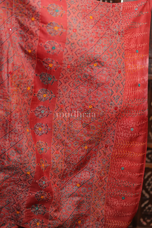 TERRACOTTA RED FLORAL EMBROIDERED AJRAKH TUSSAR SAREE