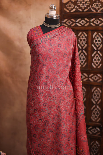 TERRACOTTA RED JAAL EMBROIDERED AJRAKH TUSSAR SAREE