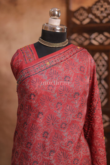 TERRACOTTA RED JAAL EMBROIDERED AJRAKH TUSSAR SAREE
