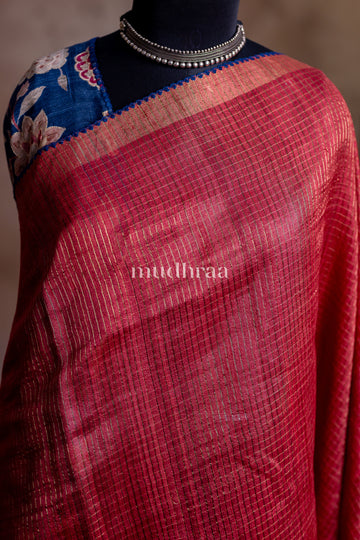 TOMATO RED & BLUE ZARI WOVEN TUSSAR SAREE