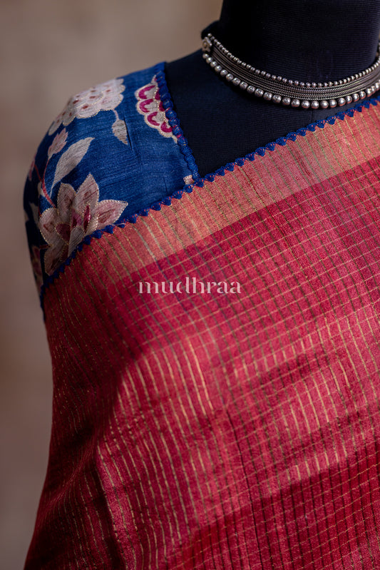 TOMATO RED & BLUE ZARI WOVEN TUSSAR SAREE