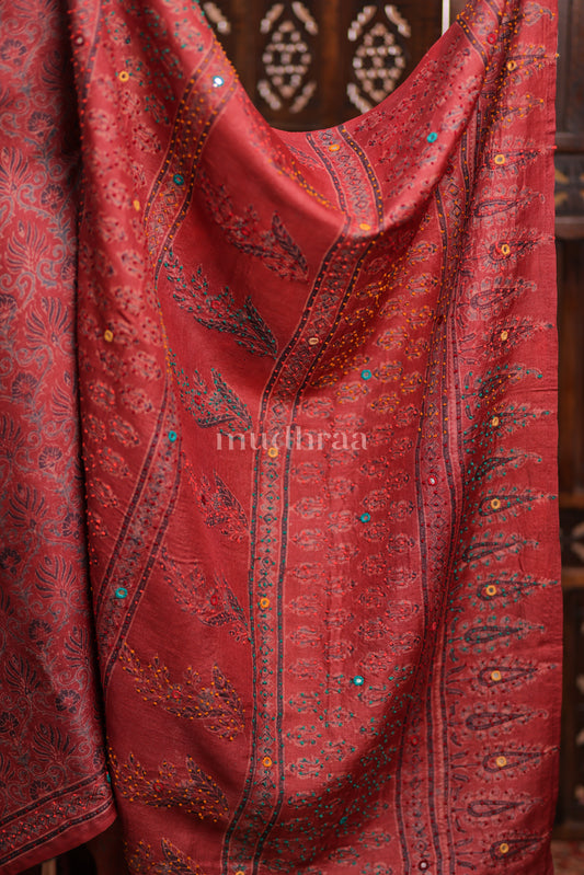 TERRACOTTA RED JAAL EMBROIDERED AJRAKH TUSSAR SAREE
