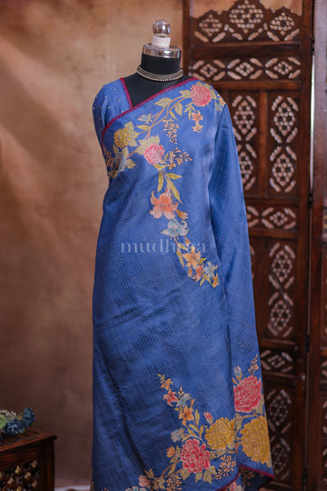 COBALT BLUE PITA EMBROIDERED FLORAL TUSSAR SAREE