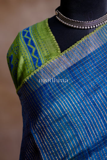 INK BLUE & GREEN ZARI WOVEN TUSSAR SAREE