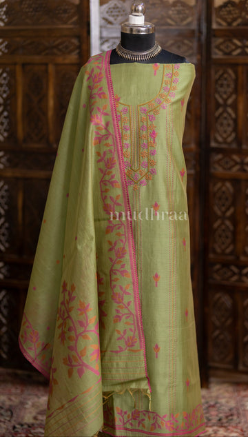 LEAF GREEN & PINK CHANDERI FRENCH KNOT SUIT SET