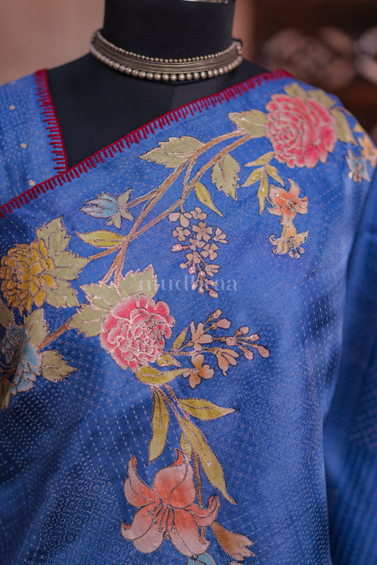 COBALT BLUE PITA EMBROIDERED FLORAL TUSSAR SAREE