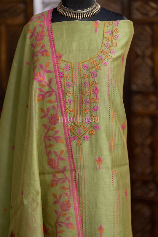 LEAF GREEN & PINK CHANDERI FRENCH KNOT SUIT SET