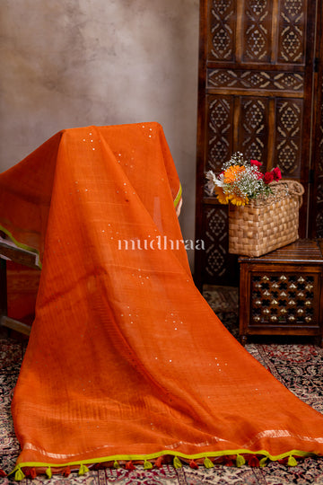TANGERINE SEQUIN KORA SAREE - KALAMKARI BLOUSE