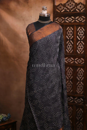 COAL HAND-KNOTTED BANDHANI TUSSAR SAREE