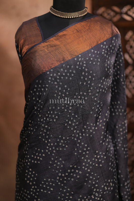COAL HAND-KNOTTED BANDHANI TUSSAR SAREE