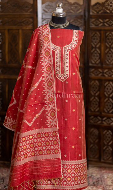 RED JAMDANI CHANDERI SUIT SET
