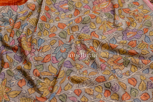 TANGERINE SEQUIN KORA SAREE - KALAMKARI BLOUSE