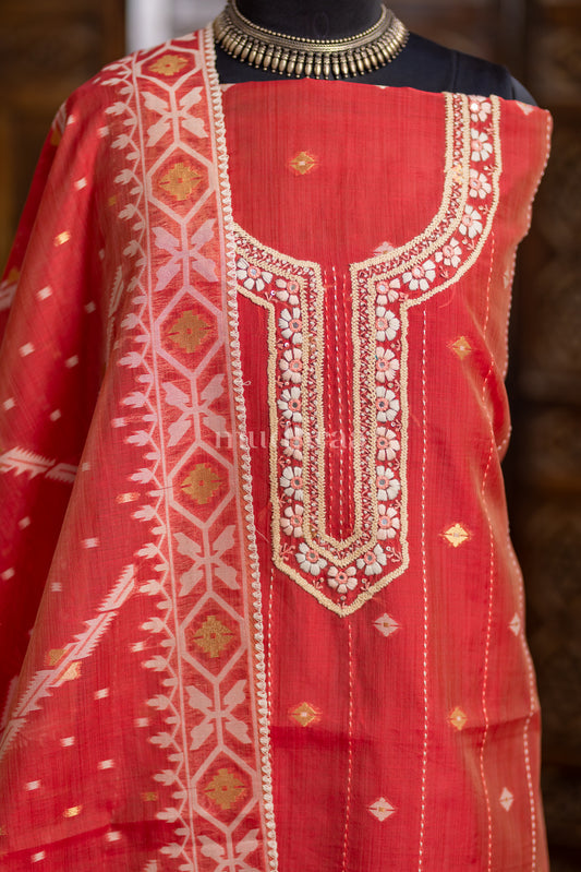 RED JAMDANI CHANDERI SUIT SET