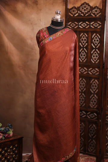 CHOCOLATE BROWN ZARI-CHECKED FLORAL TUSSAR SAREE