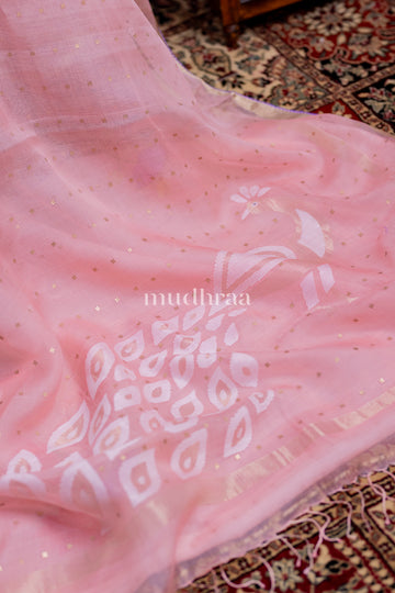 PASTEL PINK JAMDANI KORA HANDLOOM SAREE - EMBROIDERED BLOUSE