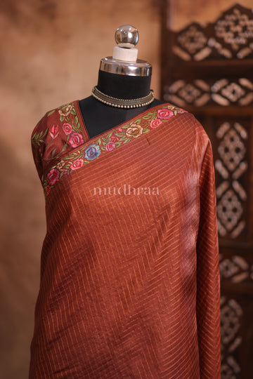 CHOCOLATE BROWN ZARI-CHECKED FLORAL TUSSAR SAREE