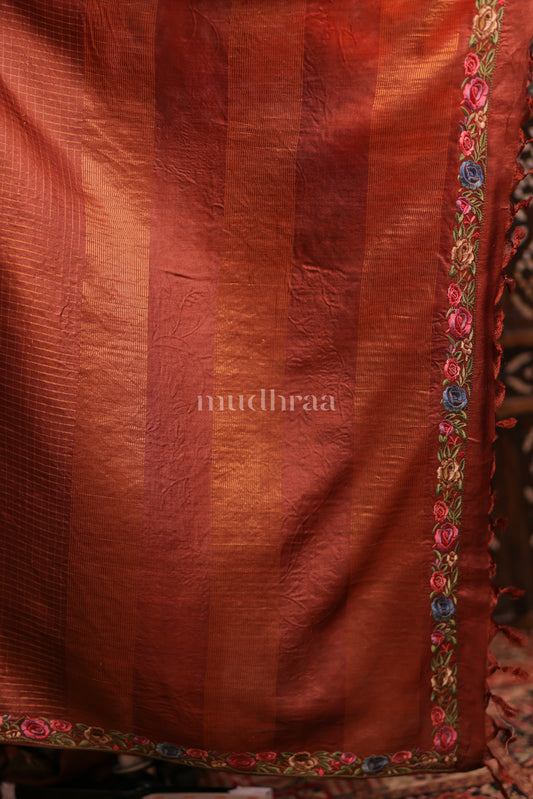 CHOCOLATE BROWN ZARI-CHECKED FLORAL TUSSAR SAREE