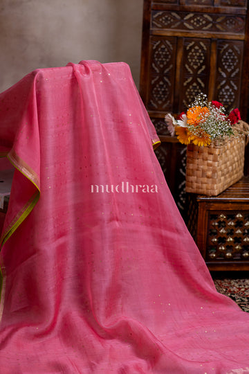 PINK SEQUIN KORA SAREE - KALAMKARI BLOUSE