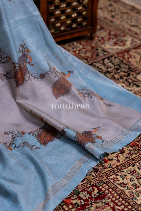 BLUE-GREY MUSLIN SEQUIN HANDLOOM SAREE
