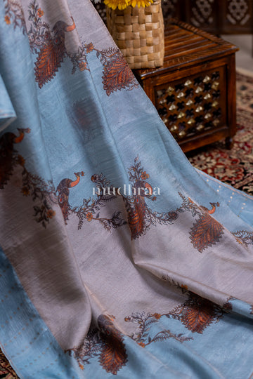 BLUE-GREY MUSLIN SEQUIN HANDLOOM SAREE