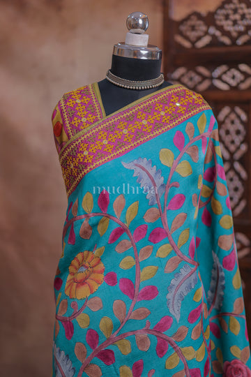 AQUA BLUE KALAMKARI KUTCH TUSSAR SAREE