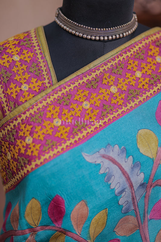 AQUA BLUE KALAMKARI KUTCH TUSSAR SAREE