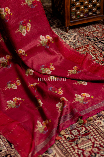 SCARLET PRINTED FLORAL MUSLIN SEQUIN HANDLOOM SAREE