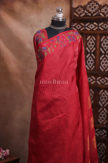 CHERRY RED ZARI CHECKED EMBROIDERED TUSSAR SAREE