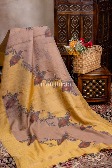 YELLOW-BROWN MUSLIN SEQUIN HANDLOOM SAREE