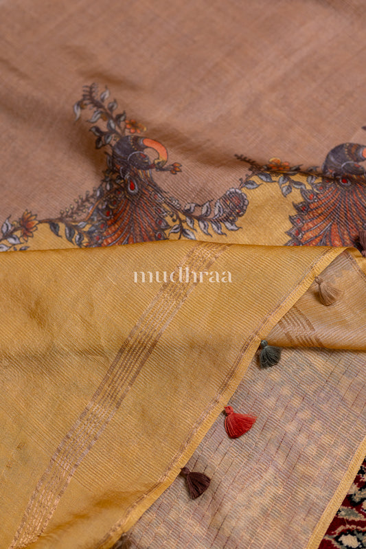 YELLOW-BROWN MUSLIN SEQUIN HANDLOOM SAREE