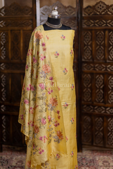 PASTEL YELLOW FLORAL TUSSAR SUIT SET