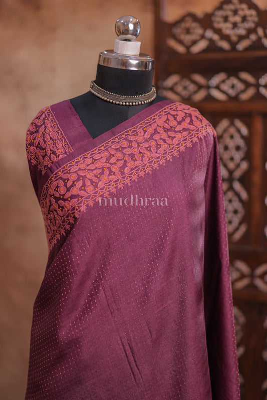 DEEP PLUM EMBROIDERED HANDWOVEN TUSSAR SAREE