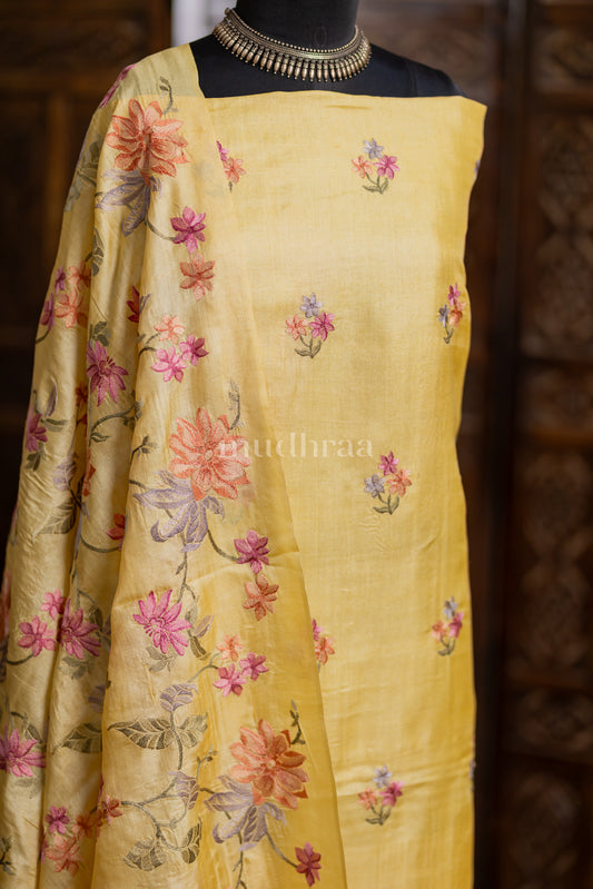 PASTEL YELLOW FLORAL TUSSAR SUIT SET