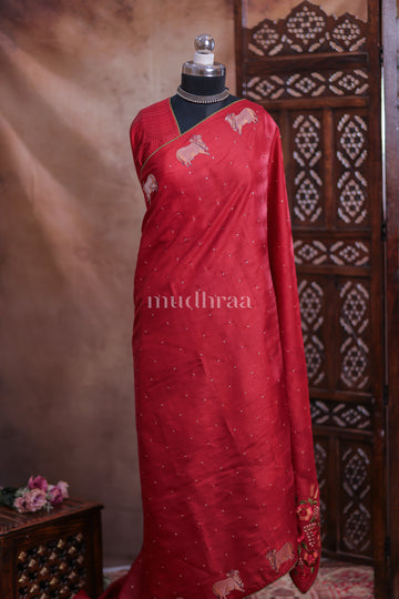 CARMINE RED PICHWAI EMBROIDERED TUSSAR SAREE